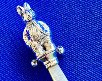 Rabbit Baby Rattle keep sake Sterling silver MOP handle two bells Victorian In Style.Perfect Christening gift