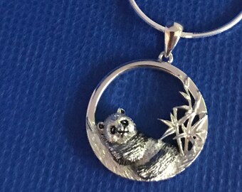 Panda sleeping Sterling  Silver Pendant and Snake Chain .925