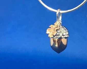 Acorn and leaf pendant two tone Sterling Silver  .925 and sterling silver chain
