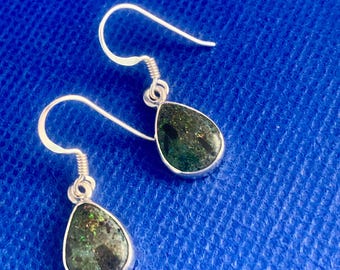 Black opal drop earrings Andamooka  opal polished Natural stones teardrop set in sterling silver.rare