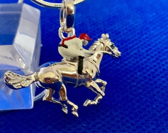 Racehorse and Jockey enamelled pendant and snake chain sterling silver