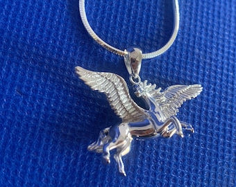 Pegasus pendant Flying Mythical unicorn sterling silver and sterling snake chain