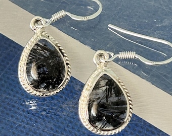 Black Tourmaline in Crystal drop earrings set in sterling silver natural gems/crystals .925