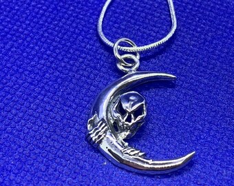 Skull and moon grotesque /Memento Mori sterling silver Pendant and snake chain
