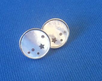 Star and moon set disc earrings...brushed background polished stars moon sterling silver
