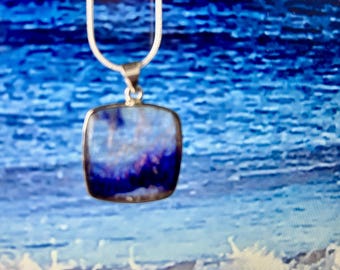 Blue John  square Sterling Silver Pendant plus silver Snake Chain: unique mined in Derbyshire England#33
