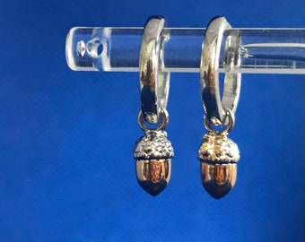 Acorn sterling silver and gold Huggie hoop and drop earrings .925