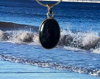 Whitby Jet Sterling Silver oval Pendant - Victorian in Style with Silver Snake Chain *66