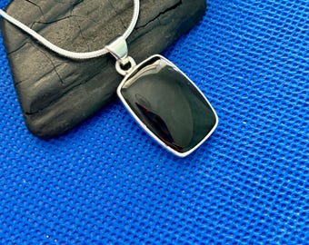 Whitby Jet Sterling Silver oblong Pendant - Victorian in Style with Silver Snake Chain