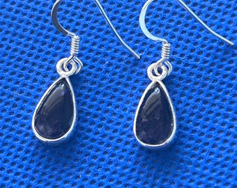 Whitby Jet Sterling Silver Earrings: tear drop Polished Stone, Victorian Style Yorkshire