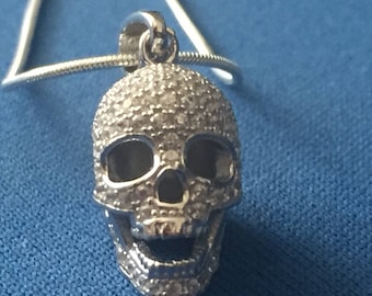 Skull/Memento Mori C.Z. encrusted sterling silver Pendant and snake chain