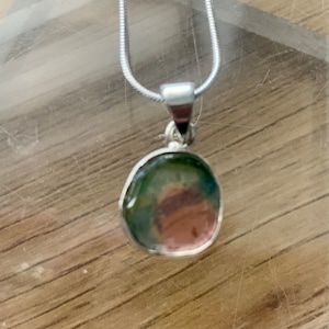 May include: A silver chain necklace with a round pendant featuring a green, brown, and pink agate stone.