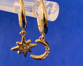 Moon and Star drops sterling silver gold overlay  .925 small huggie loops Set with a Cz.