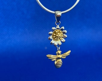 Bee and Daisy sterling silver and gold plated pendant and sterling silver chain 46cms