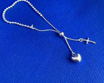 Bracelet Friendship/Slider fine with heart and cross, crucifix Sterling Silver adjustable
