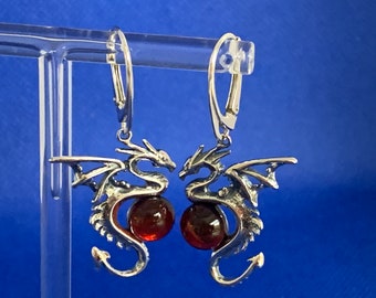 Dragon earrings set with cognac amber cabouchons sterling silver .925 GOT