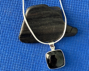 Whitby Jet Sterling Silver oblong Pendant - Victorian in Style with Silver Snake Chain
