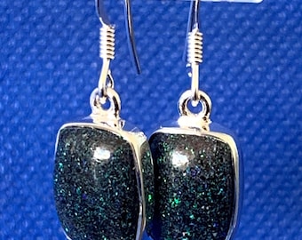 Black opal drop earrings Andamooka  opal polished Natural stones oblong set in sterling silver.