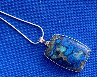 Neon Azurite large pendant set in sterling silver and snake chain Natural stones  great colour Crystal