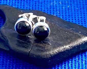 Whitby Jet earrings small round studs set in  sterling silver Natural polished stones Whitby Yorkshire U.K *11 Local to us.