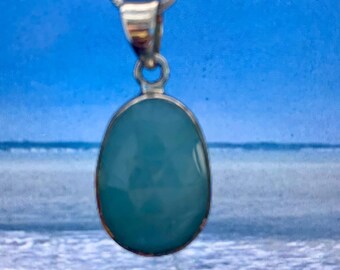 Aquamarine faceted drop set in  sterling silver Natural raw gem 45cm snake chain.