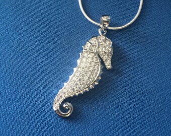 Sea Horse C.Z. encrusted sterling silver Pendant and snake chain