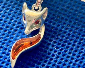 Fox Cognac Amber set in Sterling Silver  Pendant faux gem eyes  with Silver Snake Chain
