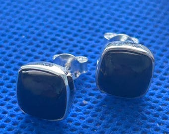 Whitby Jet Sterling Silver Stud Earrings, Square Stone, Yorkshire UK