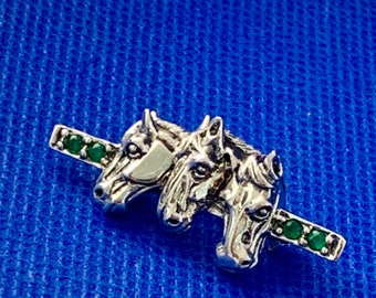 3 Horses Heads and crop brooch / stock pin sterling silver .925 Faux Gems on bar.