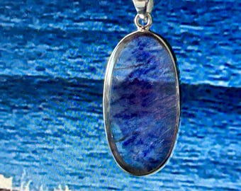 Blue John large oval polished Pendant Sterling Silver, Derbyshire Mined Gemstone, Snake Chain  *039