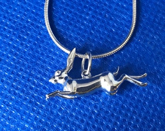 Hare Leaping Pendant 3d and Snake Chain sterling silver.925