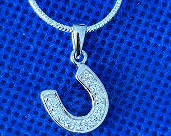 Horse shoe  Pendant: Sterling Silver set with CZs, Snake Chain