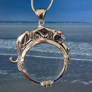Pode incluir: Colar com pingente prateado apresentando uma pantera estilizada sobre uma moldura circular. A pantera tem um olho de gema vermelha e detalhes escuros. O colar pende de uma fina corrente prateada.
