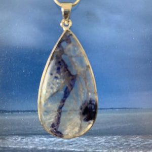 Blue John large 2.5 x 5 cms teardrop pendant and 46 cms snake chain unique piece mined in Derbyshire natural polished gem #24