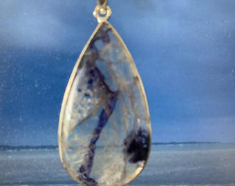 Blue John large 2.5 x 5 cms teardrop pendant and 46 cms snake chain unique piece mined in Derbyshire natural polished gem #24