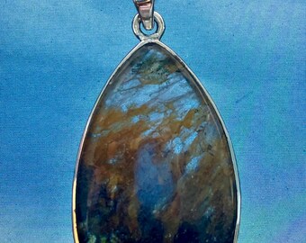 Blue john oval pendant medium set in silver unique .925 and silver snake chain 46cm