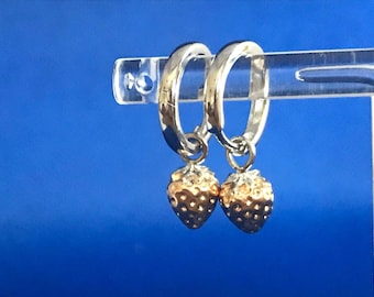 Strawberry sterling silver and gold Huggie hoop and drop earrings .925