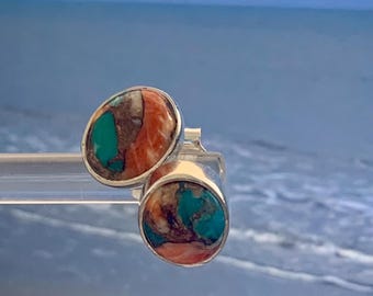 Spiny Oyster and turquoise stud earrings Natural stones set in sterling silver.