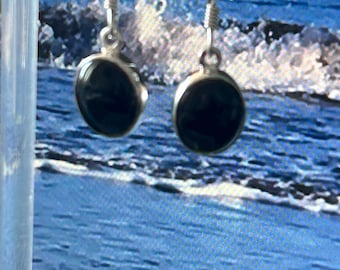 Whitby Jet Sterling Silver Earrings: Polished Stone, Yorkshire .Victorian Style *011