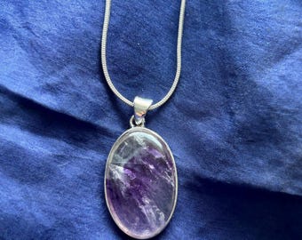 Blue John Oval Pendant set in Sterling Silver, natural unique Polished gem Derbyshire UK snake chain *83
