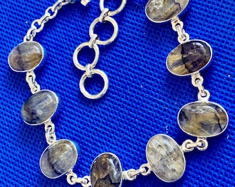 Blue John Bracelet set in sterling silver cabuchon polished stones exclusive mined in Derbyshire England rare gem