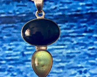 Whitby Jet and Amber set in Sterling Silver  Pendant  with Silver Snake Chain