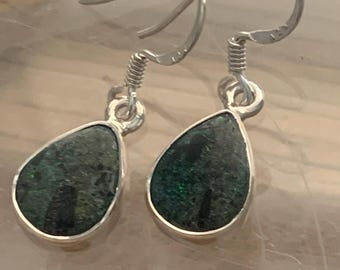 Black opal drop earrings tear drop unique Andamooka  opal polished rare Natural stones set in sterling silver.