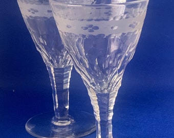 Glasses Antique Crystal Etched , cut stems snapped pontil pair French