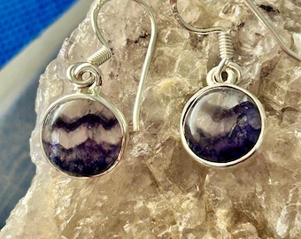 Blue John round medium earrings sterling silver Natural stones mined in derbyshire U.K. set in sterling silver. unique