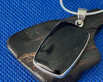 Whitby Jet Sterling Silver oblong Pendant - Victorian in Style with Silver Snake Chain