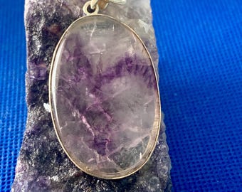 Blue john large oval pendant set in silver unique .925 and silver snake chain 46cm unique gem
