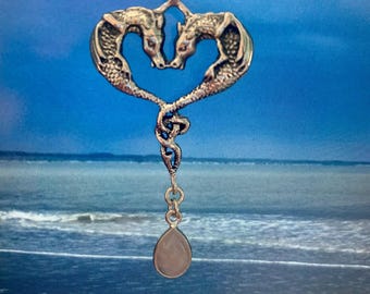 Dragons entwined heart sterling Silver Pendant and sterling snake chain and rose quartz drop