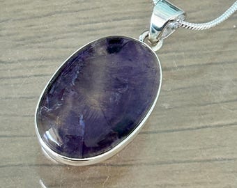 Blue John oval medium drop Pendant set in Sterling Silver unique , Derbyshire Gemstone, Snake Chain 46 cm...44*