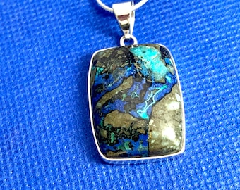 Neon Azurite large pendant set in sterling silver and snake chain Natural stones  great colour Crystal